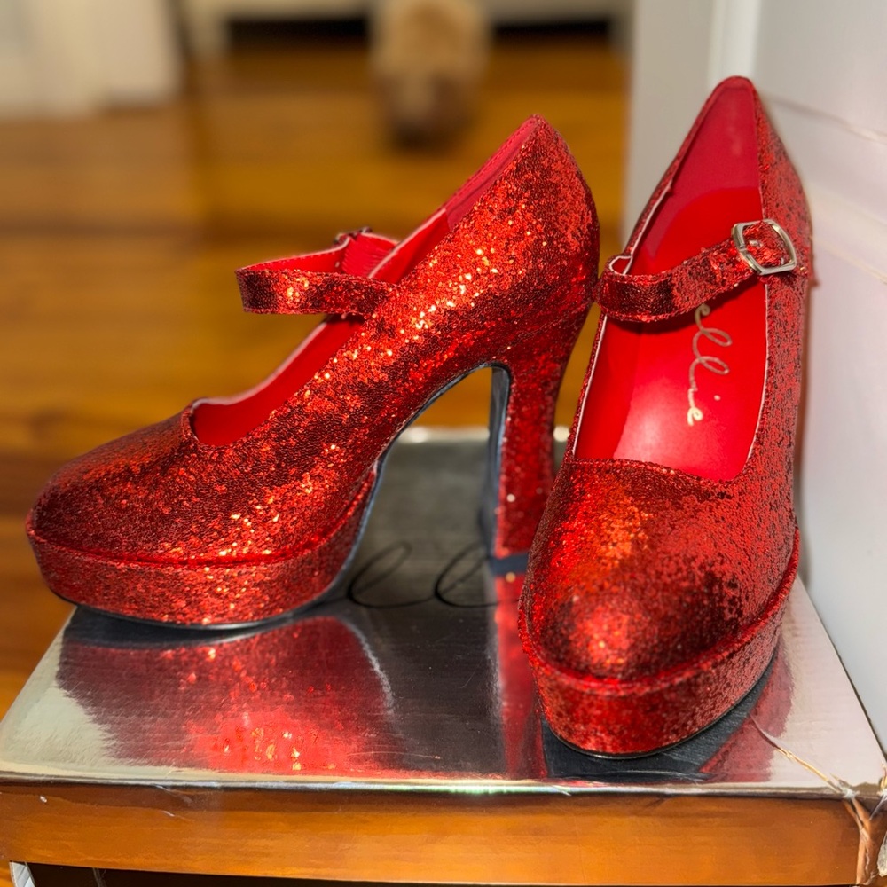 DollsKill Ellie Red Glitter Platform Heels size 9